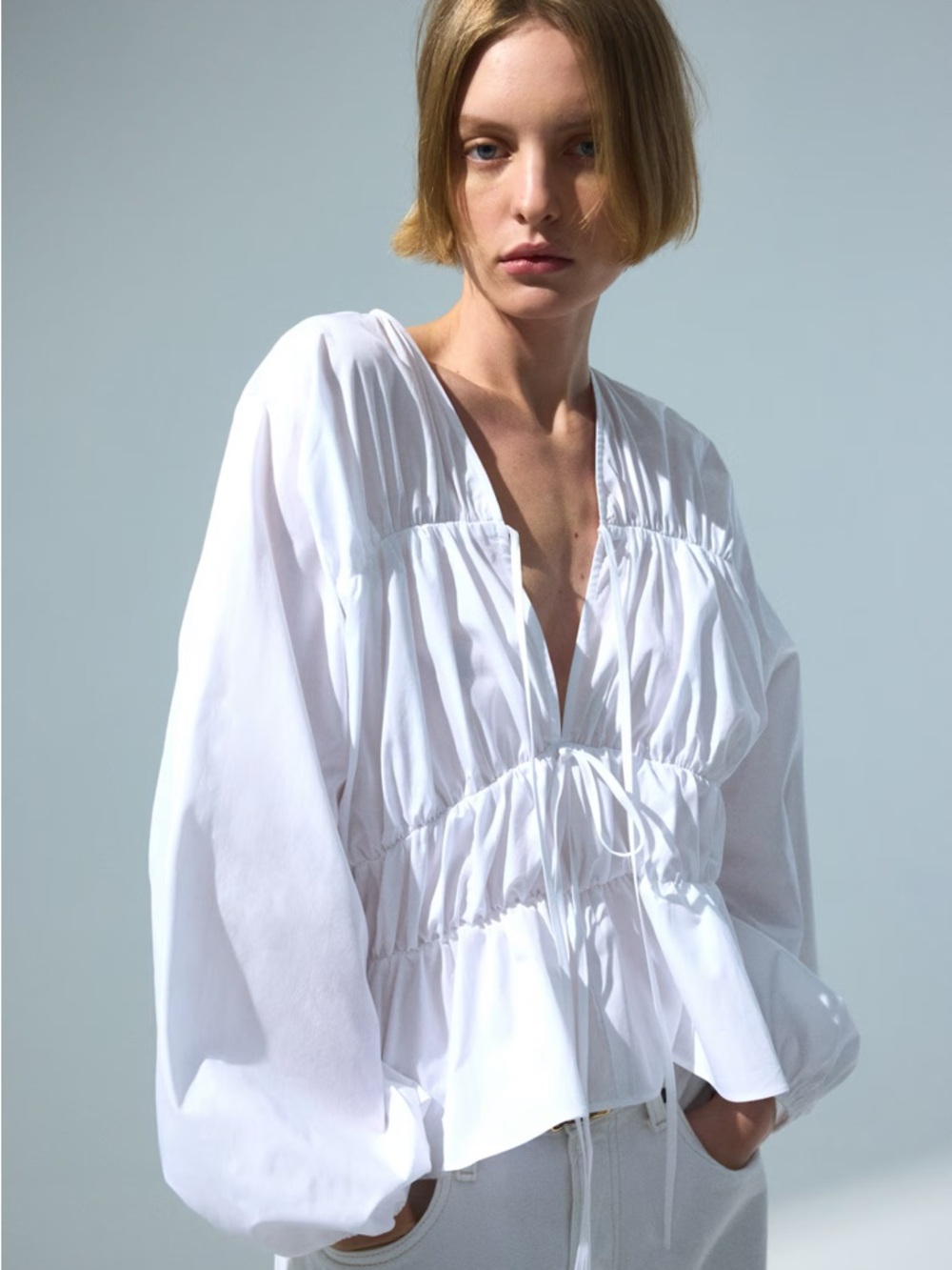 H&M White Drawstring Poplin Blouse, 100% Cotton, Size: M, NWT